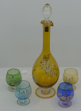 Vintage Hand Painted Glass Decanter Set,  Stoppered Bottle & 4 Colorful Glasses