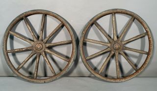 Pair (2) Antique 19thc Old Victorian Era 14 " Wood Spoke Old Iron Rim Cart Wheels