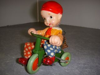 Vintage Boy With American Flag On Tricycle,  Wind - Up Mechanical Tin Toy,  W/box