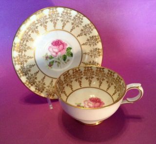Windsor Pedestal Tea Cup And Saucer - White And Gold With Pink Rose - England