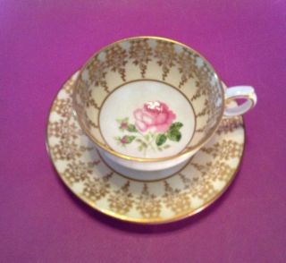 Windsor Pedestal Tea Cup And Saucer - White And Gold With Pink Rose - England 2
