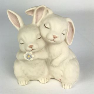 Porcelain Figurine Homco 1990 “he Loves Me” Easter Bunnies Hugging Rabbits Vtg