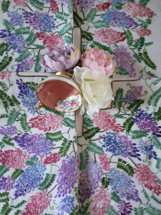 Large Vintage Hand Embroidered Irish Linen Tablecloth Fairistytch Lilacs