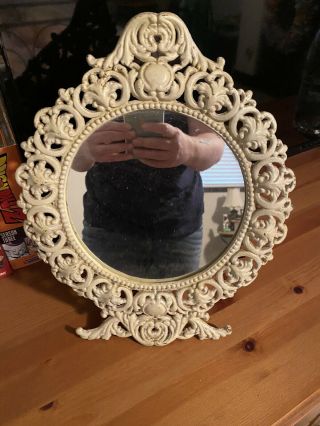 Vintage Iron Ornate White/off White Cast Iron Vanity Dresser Easel Mirror