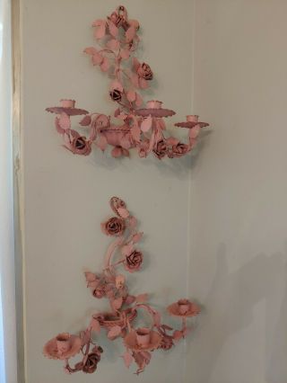 Pair Vintage Italian Tole Candle Wall Sconce Pink,  Shabby Roses 16” Tall