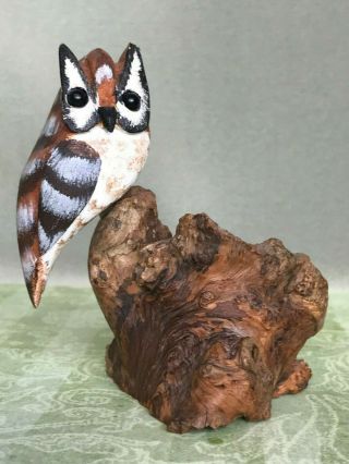 Vintage Hand Carved Wooden Bird Folk Art Owl On Driftwood Signed Mini