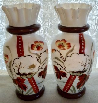 Two Antique Translucent Milk Glass Vases Hand Painted 7 - 3/4 "