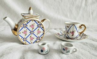 Delton Products Mini Teapot,  Cup And Saucer Set Gold Trim,  Mini Cup And Pot