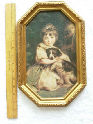 Vintage Victorian Girl With Dog Print In Octagon Ornate Gilded Frame Italy