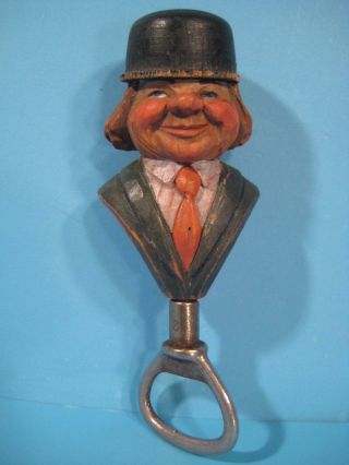 Anri Or Quebec Vintage Folk Art Wood Carved Figural Man With Hat Bottle Opener