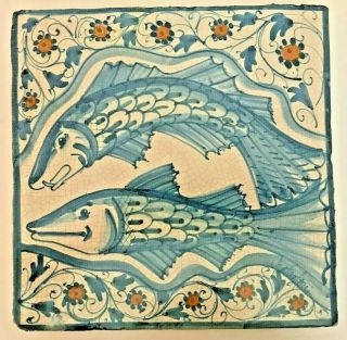 Vintage Signed Frantanoni Vietri Wall Tile Italian Blue White Fish Majolica Pesc