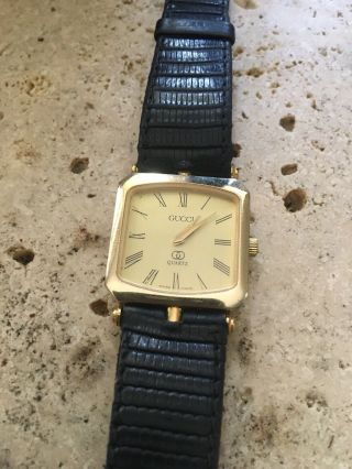 Scarce Vintage 80’s Mens Gucci Gold Plated Watch Black Alligator Strap Swiss