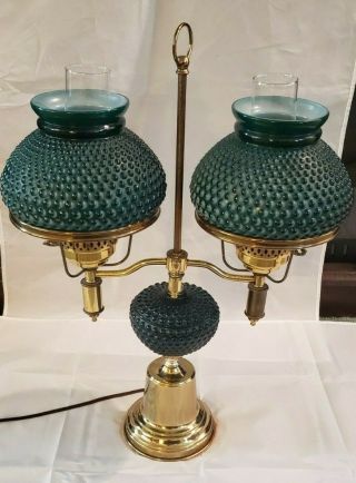 Vintage Double Arm Brass Student Lamp Green Hobnail Milk Glass Shades Hurricane