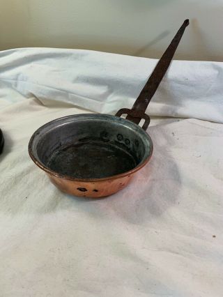 Antique Primitive Hand Hammered Copper Pan With Long Crudely Forged Iron Handle