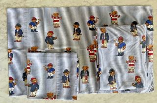 Vintage Ralph Lauren Polo Teddy Bear Striped Queen Flat Sheet,  2 Pillowcases