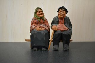 Vintage Hand Carved Man & Woman On Bench Figure - Switzerland Germany Folk Art