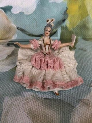 Vintage Porcelain Dresden Lace Pink Lady On Settee Figurine
