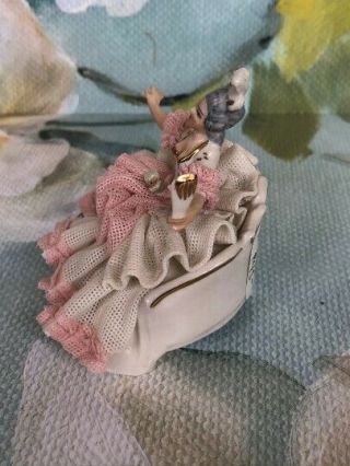 Vintage Porcelain Dresden Lace Pink Lady on Settee Figurine 2