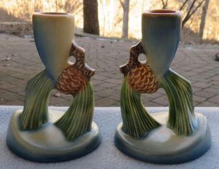 Two Vintage Roseville Pottery Blue Pine Cone Candle Sticks Candle Holders