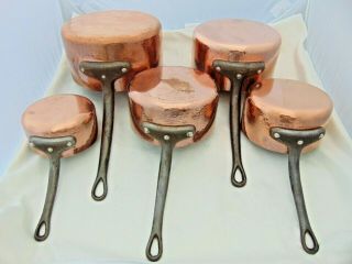 Set 5 Vintage French 2mm Hammered Copper Saucepans Cast Iron Handles Tin Lined