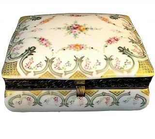 Vintage Porcelain Trinket Box Jewelry Hand Painted Floral Hinged Design 4 3/4 "