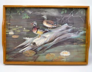 Vintage Wood Serving Tray - Painted Ducks In Pond