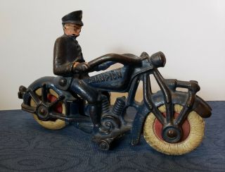 Vintage Hubley Champion Police 6 " Motorcycle Cast Iron Metal Toy - All