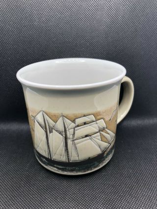 Otagiri Japan Coffee / Tea Ceramic Mug With Sail Boats Seagals Brown And White