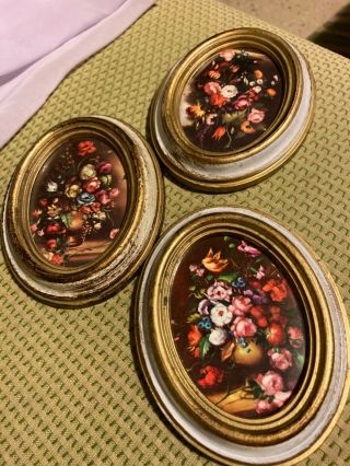 Set Of 3 Vintage Italian Florentine Oval Floral Miniature Wall Prints