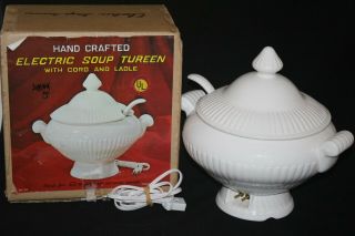 Rare Royal Sealy Electric White Soup Tureen With Ladle & Lid - Swirl Manor