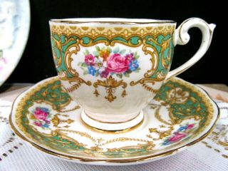 Queen Anne Tea Cup And Saucer Regency Pattern Teacup Pale Green & Pink Roses