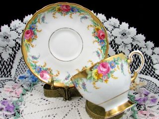 Tuscan Garland Pattern Pink Rose Floral Heavy Gold Tea Cup And Saucer