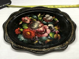 Vtg Russian Black & Gold Hand Painted Roses Flowers Metal Tole Small Tray
