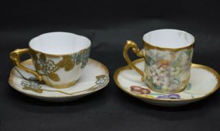 Antique Porcelain 2 Demitasse Tea Cups & Saucers Gold Floral Wm.  Guerin Limoges