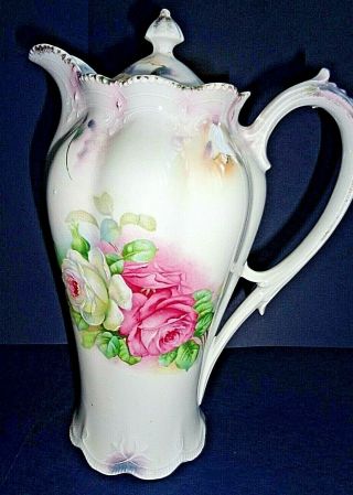 Vintage/antique Pitcher Pink White Roses 9 3/4in Tall With Top Decorative Handle