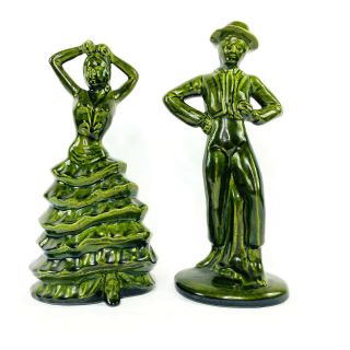 Spanish Flamenco Dancers Art Deco Ceramic Figurines 12 " Tall Green Repaired