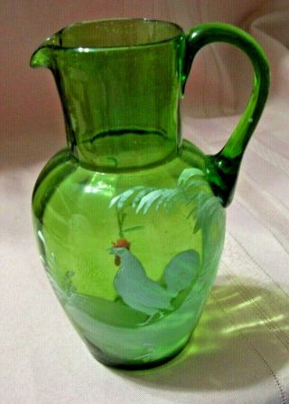 Rare Antique Mary Gregory Green Pitcher Enameled Scene Chicken In Garden 6.  5 "