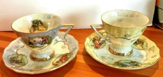 Pair Vtg Lefton China Pedestal Cup & Saucer Hand Painted Victorian Couple Court