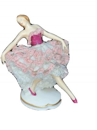 Vintage Alka Kunst Dresden Lace Porcelain 5 1/8” Figurine Cancan Dancer Melodie