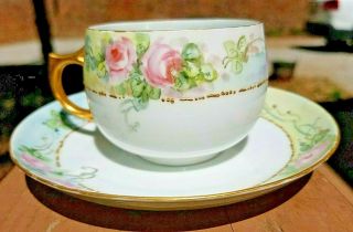 Antique 1910 Bone China Set Of 4 Hand Painted Teacups And Saucer Signed J.  L.  Rice