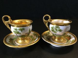 Pair French Imperial 19thc Antique Vieux Old Paris Porcelain Cups Saucers Gilded