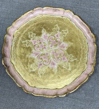 Vintage Italian Florentine Gilt Tole Wood Handpainted Tray Pink & Gold 13”