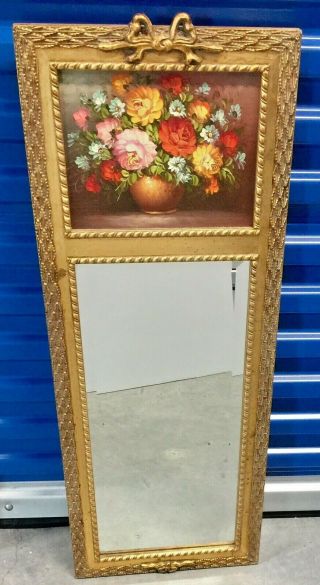 Vintage Wood French Trumeau Style Ornate Gold Gilt Floral Oil Painting Mirror 2