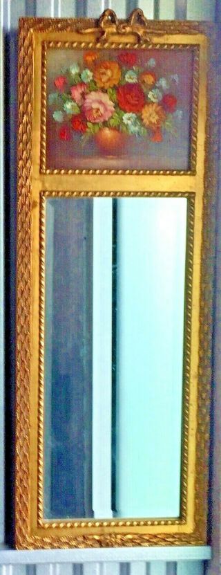 Vintage Wood French Trumeau Style Ornate Gold Gilt Floral Oil Painting Mirror 3