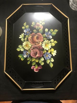 Black Vintage Hand Painted Floral Metal Serving Tray Platter 20x15 E T Nash Co