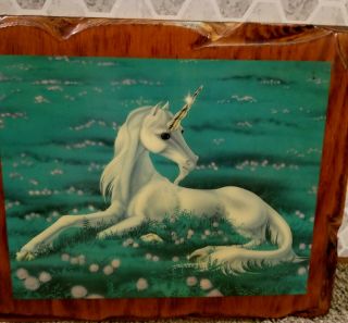 Vintage Unicorn Print Mounted On Wood Plaque.  10 X 12.