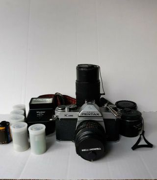 Asahi Pentax K100o Film Camera Vintage Extra Lenses Flash Film