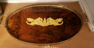 Vintage Inlaid Wood Oval Serving Dresser Tray Sorrento Ware Italian Brass