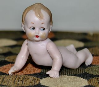 Rare Antique All Bisque Miniature Baby On His Belly Doll Jointed Arms