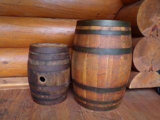 2 Antique Vintage Rustic Wood Oak Beer Whiskey Wine Keg Barrel 16 " And 23 " Tall